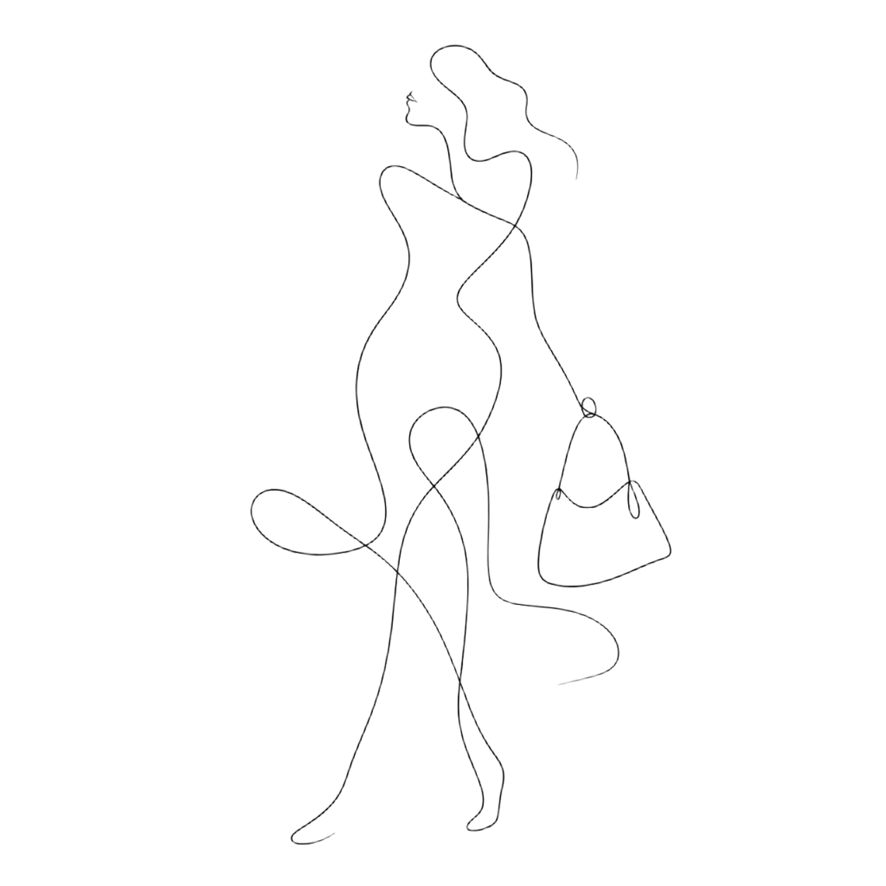 Ilustración en line art de una mujer con una cartera LOVER